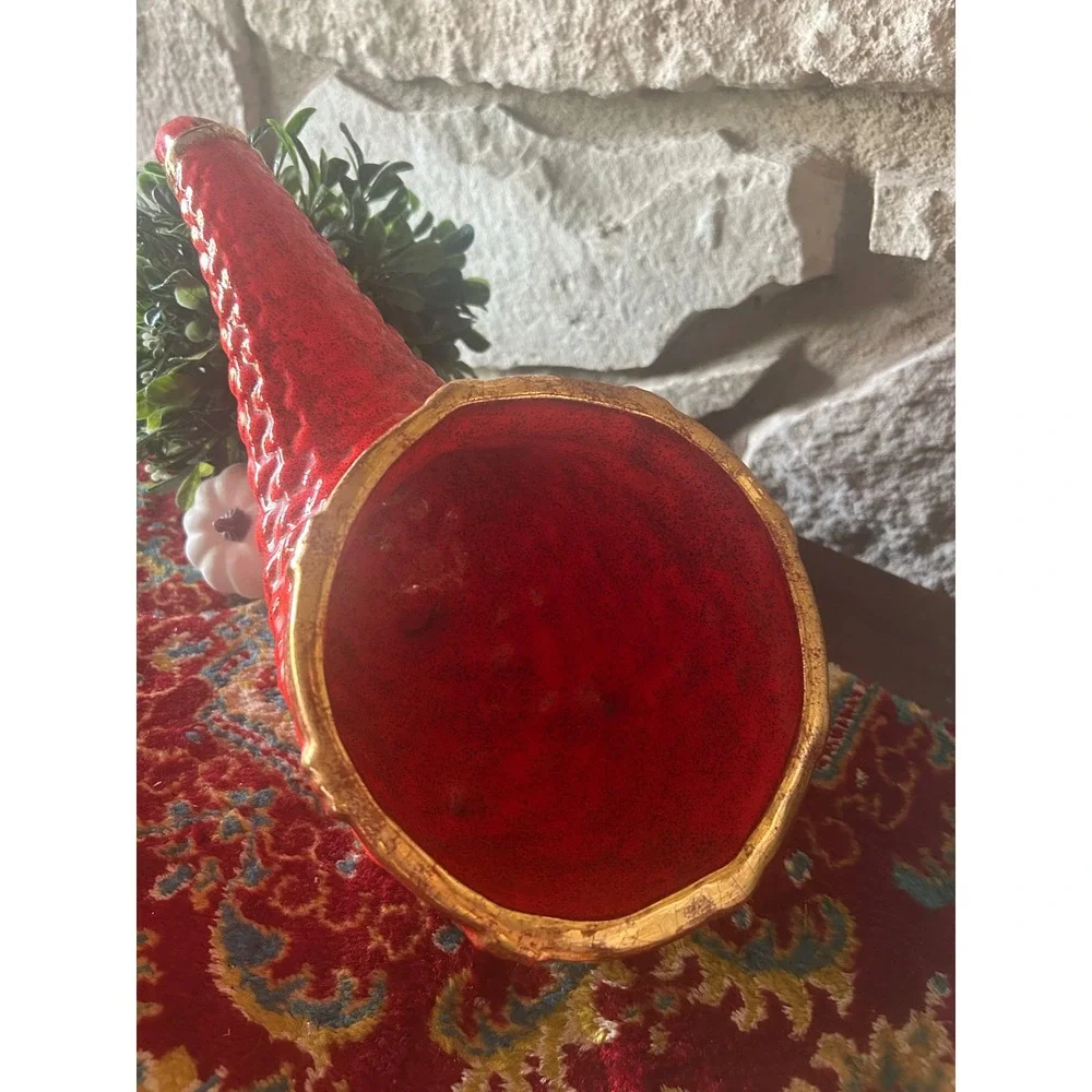 Vintage Ceramic Cornucopia Horn of Plenty Orange Textured Gold Trim